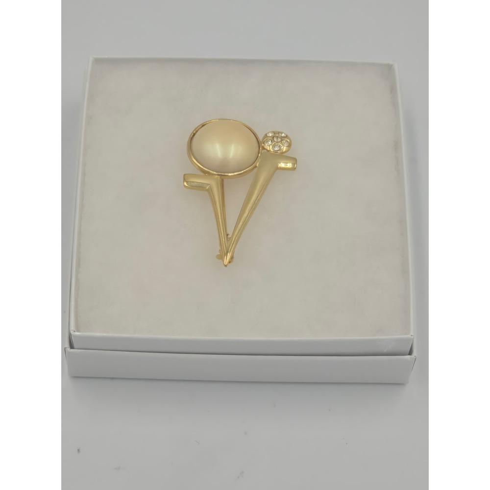 Vintage Gold Tone Geometric V Brooch Faux Pearl Rhinestone Accent Pin